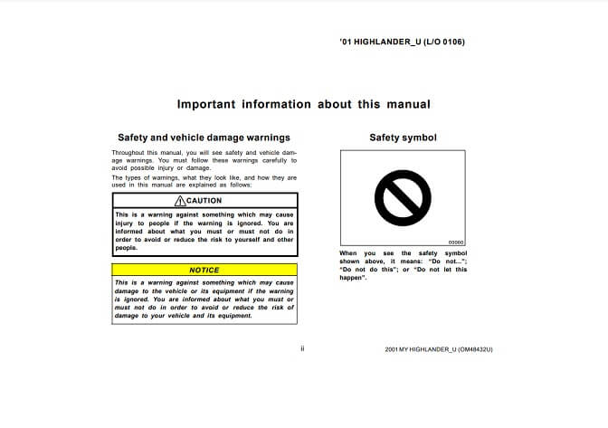 2001 Toyota Highlander Owner’s Manual Image