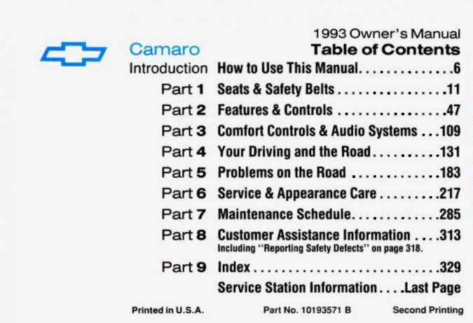 1993 Chevrolet Camaro Owner’s Manual Image