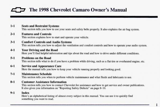 1998 Chevrolet Camaro Owner’s Manual Image