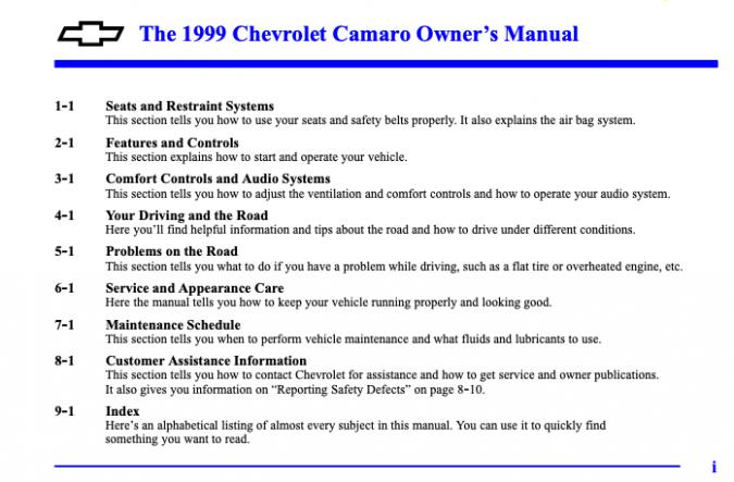 1999 Chevrolet Camaro Owner’s Manual Image