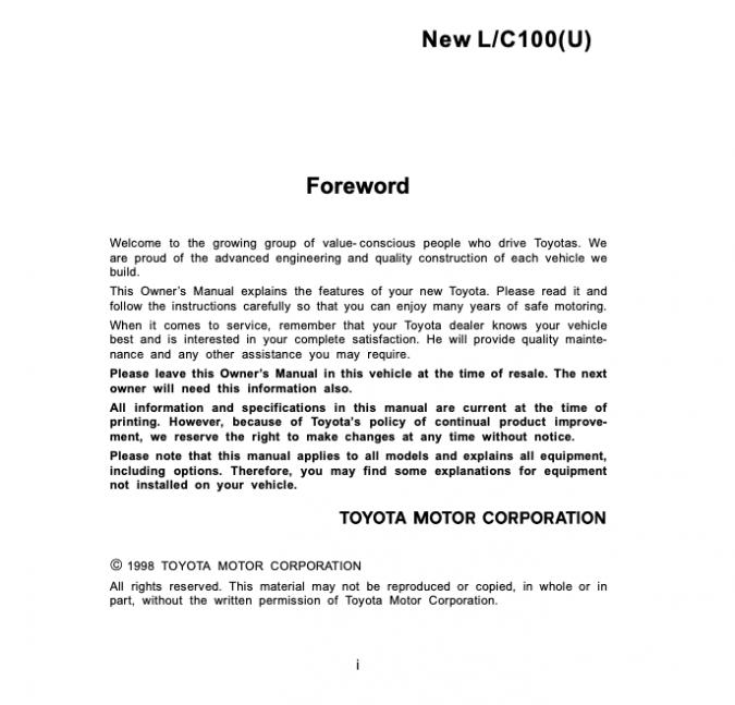 1999 Toyota Land Cruiser Owner’s Manual Image