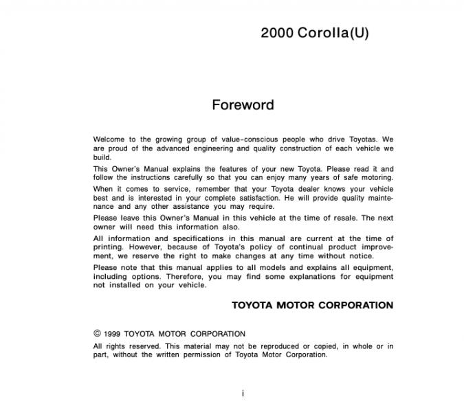 2000 Toyota Corolla Owner’s Manual Image