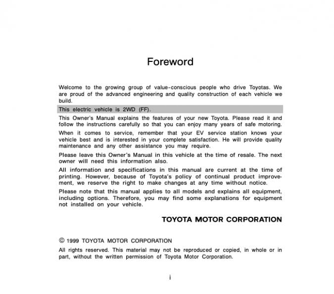 2000 Toyota RAV4 EV Owner’s Manual Image