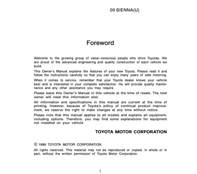 2000 Toyota Sienna Owner’s Manual Image