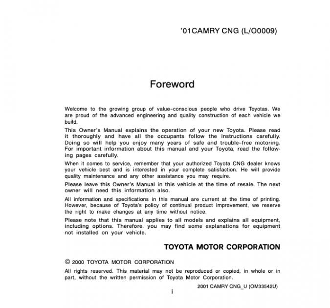 2001 Toyota Camry CNG Owner’s Manual Image