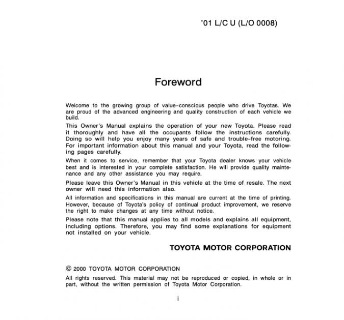 2001 Toyota Land Cruiser Owner’s Manual Image