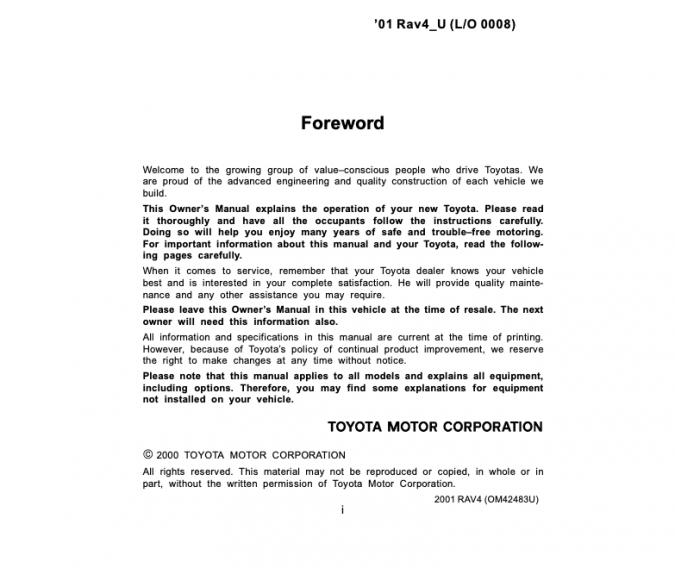 2001 Toyota RAV4 Owner’s Manual Image