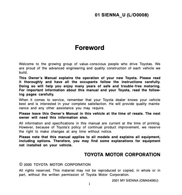 2001 Toyota Sienna Owner’s Manual Image