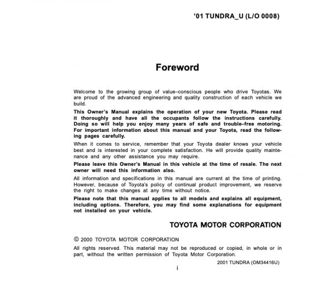 2001 Toyota Tundra Owner’s Manual Image