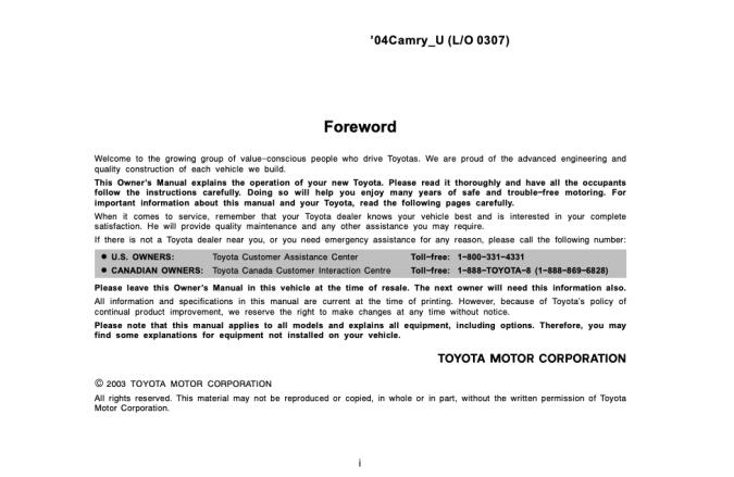 2004 Toyota Camry Owner’s Manual Image