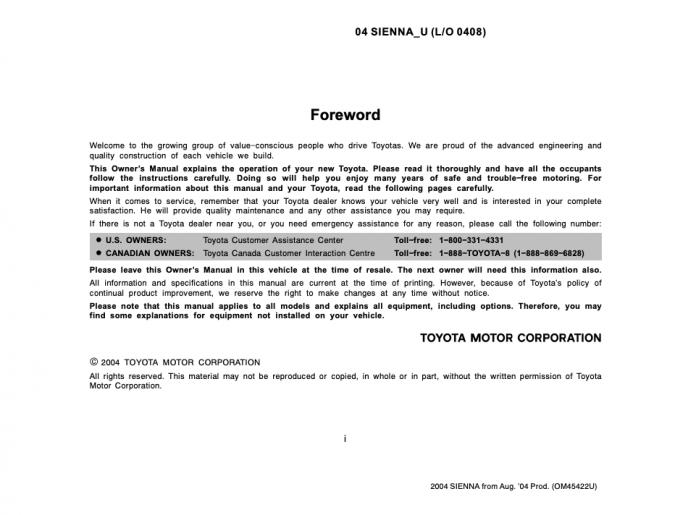 2004 Toyota Sienna Owner’s Manual Image
