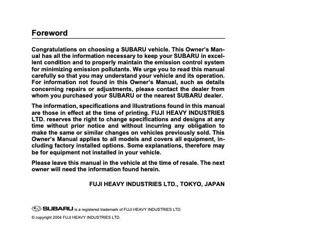 2005 Subaru Forester Owner’s Manual Image