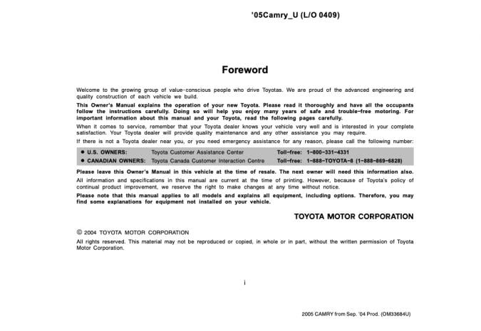 2005 Toyota Camry Owner’s Manual Image