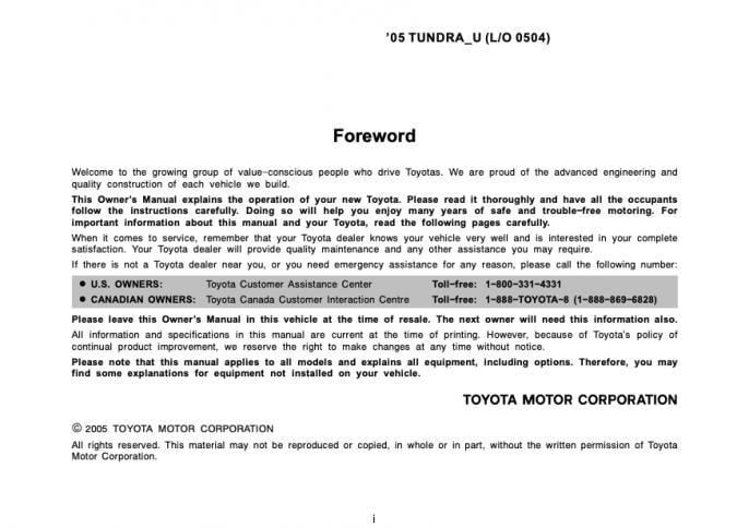 2005 Toyota Tundra Owner’s Manual Image
