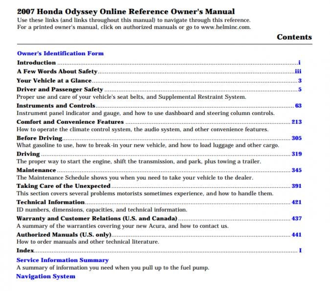 2007 Honda Odyssey Owner’s Manual Image