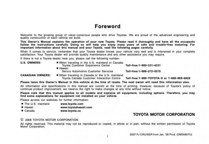 2007 Toyota FJ Cruiser Owner’s Manual Image