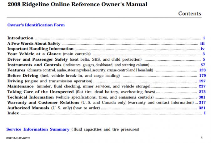 2008 Honda Ridgeline Owner’s Manual Image