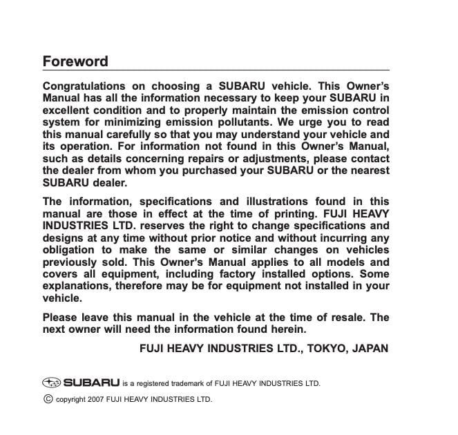 2008 Subaru Forester Owner’s Manual Image