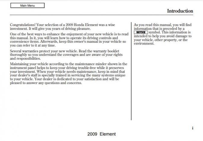 2009 Honda Element Owner’s Manual Image