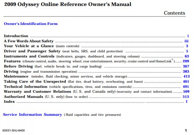 2009 Honda Odyssey Owner’s Manual Image