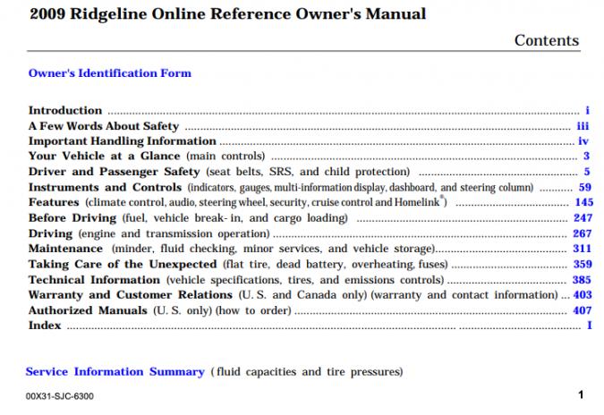 2009 Honda Ridgeline Owner’s Manual Image