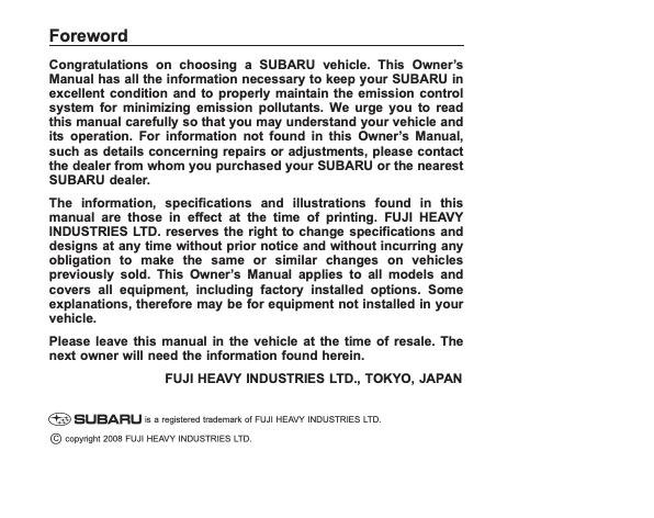 2009 Subaru Forester Owner’s Manual Image