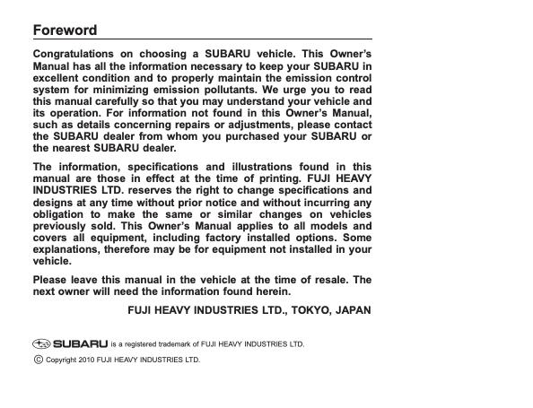 2010 Subaru Forester Owner’s Manual Image