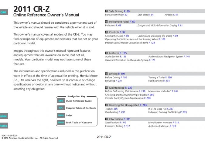 2011 Honda CR-Z Owner’s Manual Image