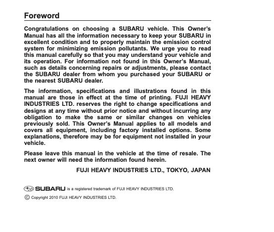 2011 Subaru Forester Owner’s Manual Image