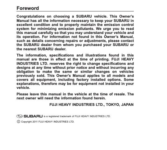 2012 Subaru Forester Owner’s Manual Image