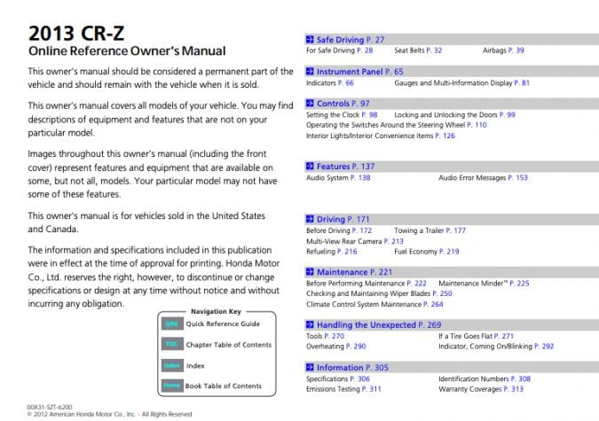 2013 Honda CR-Z Owner’s Manual Image