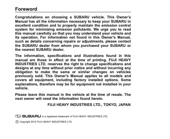 2013 Subaru Forester Owner’s Manual Image