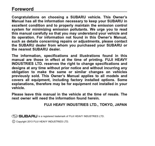 2014 Subaru Forester Eyesight Owner’s Manual Image