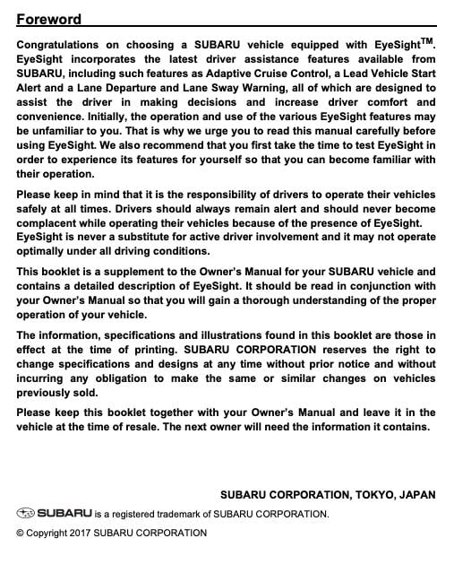 2018 Subaru Forester Eyesight Owner’s Manual Image