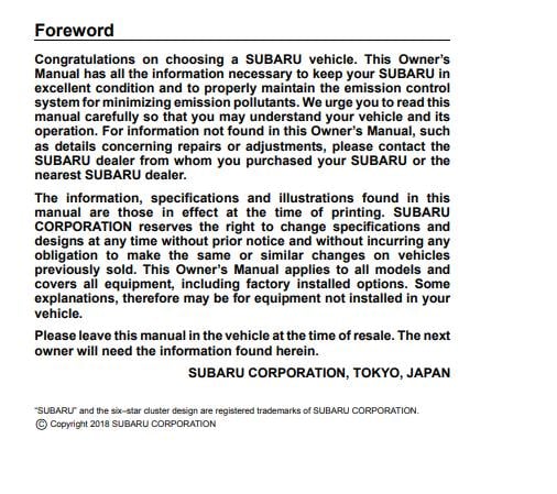 2019 Subaru Forester Eyesight Owner’s Manual Image