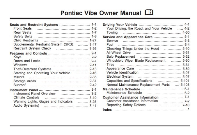 2002 Pontiac Vibe Owner’s Manual Image