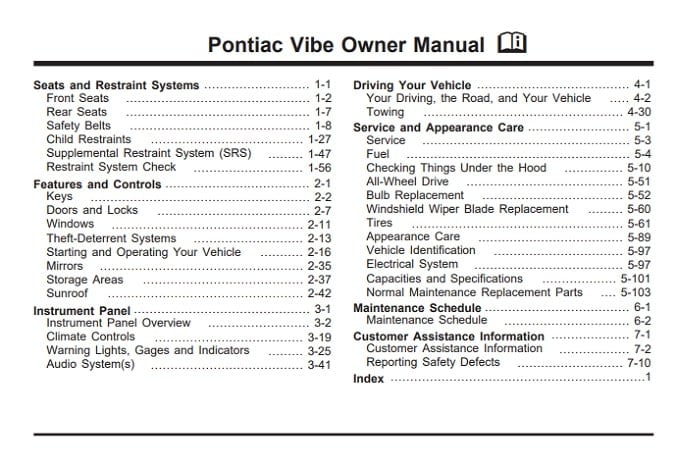 2004 Pontiac Vibe Owner’s Manual Image