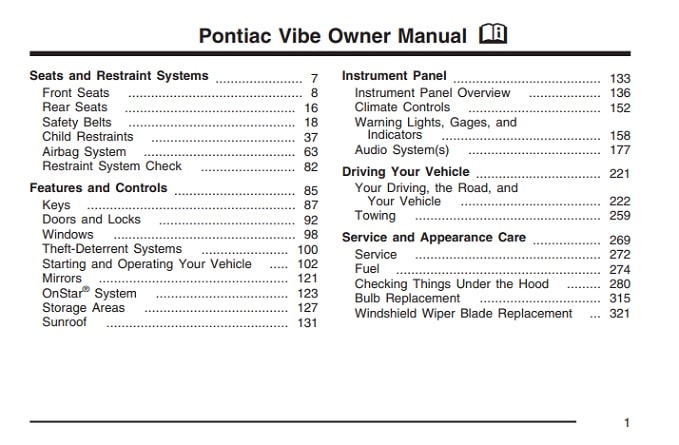 2005 Pontiac Vibe Owner’s Manual Image