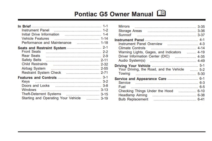 2008 Pontiac G5 (Pursuit) Owner’s Manual Image
