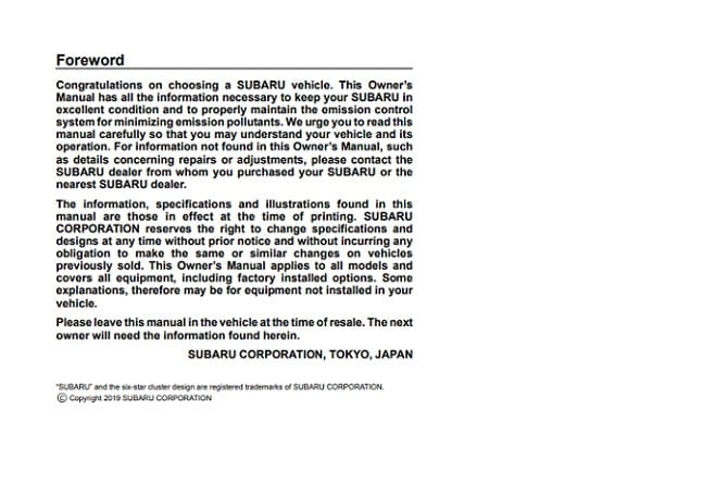 2020 Subaru Impreza Owner’s Manual Image